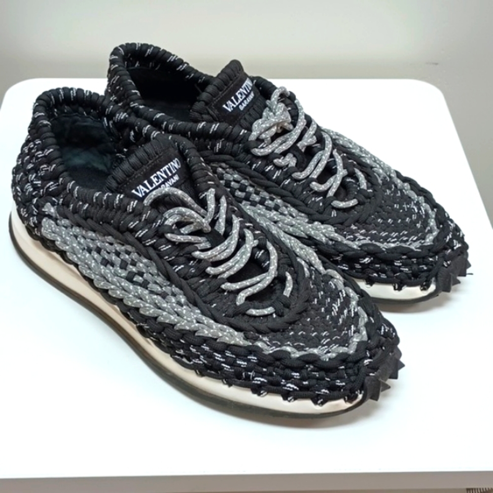Valentino Garavani Black/Grey Crochet Fabric Fly Knit Sneakers